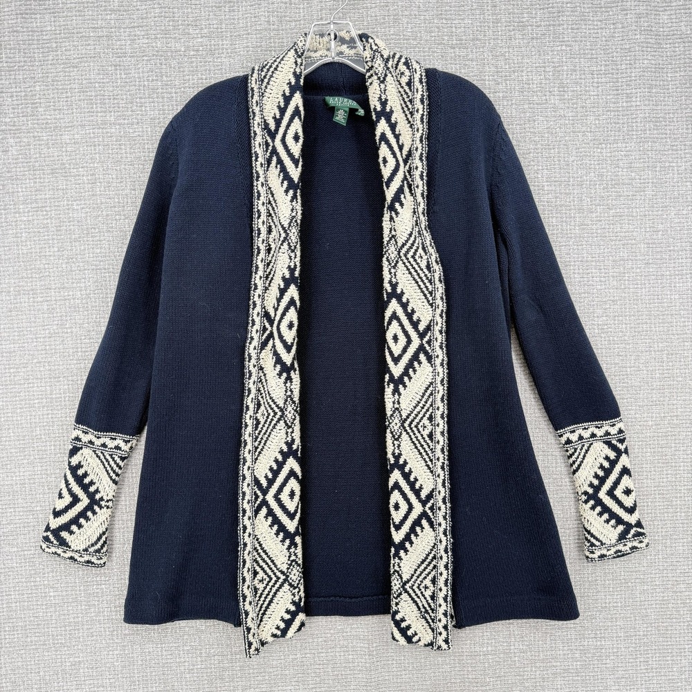 Lauren Ralph Lauren Sweater Cardigan Womens PS Blue Boho West Collared Open Knit